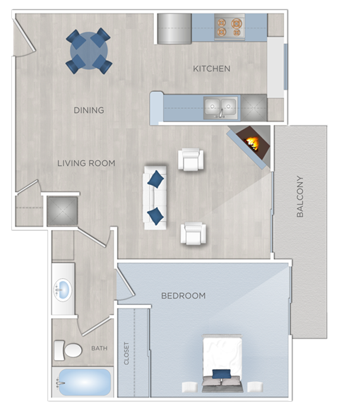 Floor plan for 1 bed, 1 bath, 701 sqft